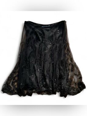 Vtg Ralph Lauren Blue Label Silk Beaded Mesh Knee Length Flowy Skirt Black Sz 6
